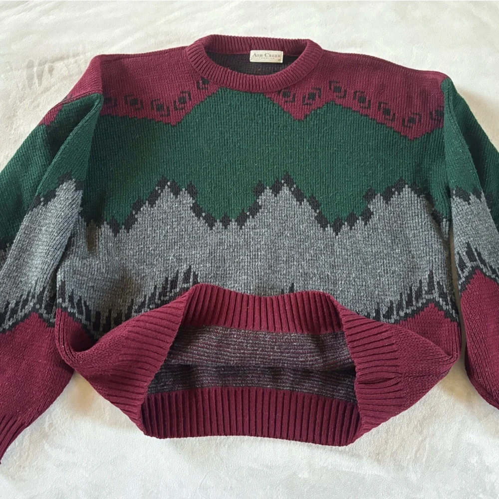 Vintage Ash Creek Geometric Knit Sweater Burgundy Green L